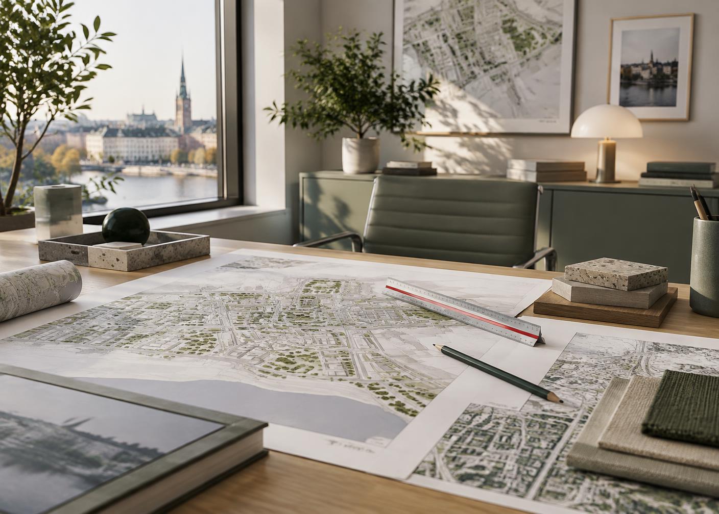 Planritningar och arbetsmaterial på ett bord i en arkitektmiljö